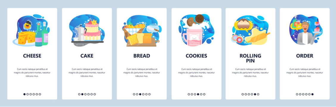 Mobile app onboarding screens. Restaurant food, desert, waiter. Cafe menu. Vector banner template for website and mobile development. Web site design flat illustration