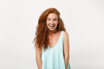 Young pretty excited redhead woman girl in casual light clothes posing isolated on white background, studio portrait. People sincere emotions lifestyle concept. Mock up copy space. Keeping mouth open.