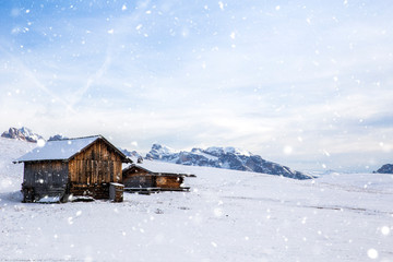 Beautiful Winter at Alpe di Siusi, Seiser Alm - Italy - Holiday background for Christmas.