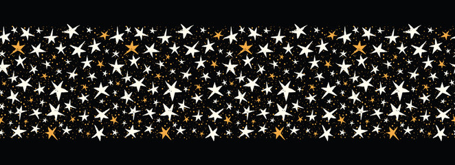 Cotton fabric Linocut White and Yellow Stars on Black Sky Vector Seamless Border Pattern. Winter Christmas Hand Made Print