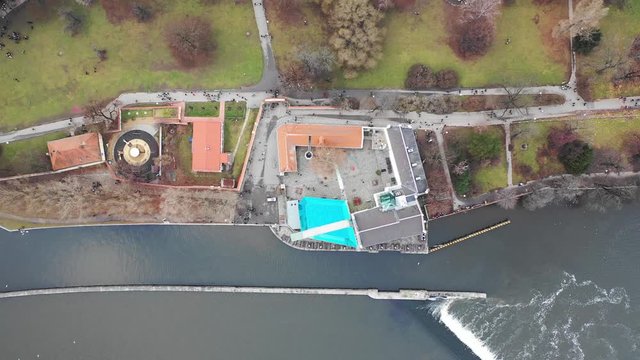 Beautiful Prague aerial view on river Vltava, flying over park Kampa and Petrin. Prague, Czechia by Drone. View from above to the city of Prague.