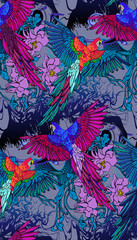  Seamless pattern of parrots and flowers. Suitable for fabric, wrapping paper and the like. Vector illustration