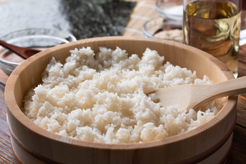 jaoanese sushi rice in wooden bowl with ingredients © ahirao