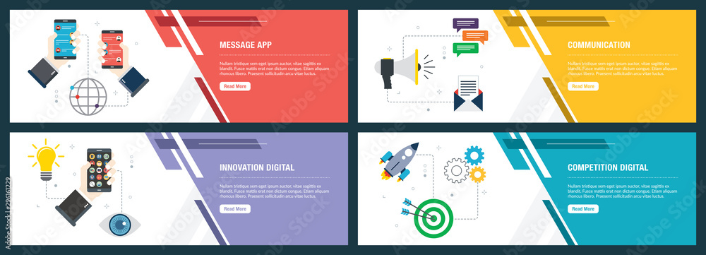 Poster vector set of vertical web banners with message app, communication, innovation digital, competition 