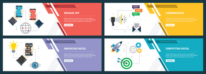 Vector set of vertical web banners with message app, communication, innovation digital, competition digital. Vector banner template for website and mobile app development with icon set..