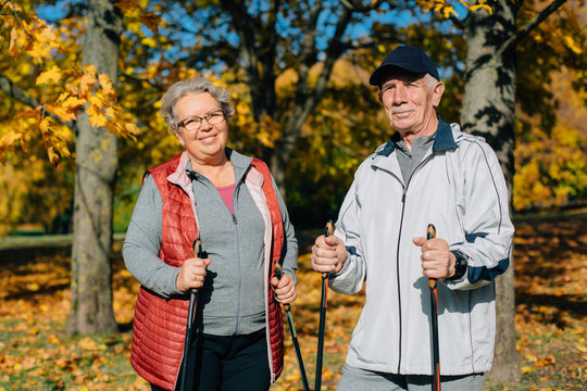 Pretty senior couple standing with nordic walking poles in colorful autumn park. Mature woman and old man resting outdoors.