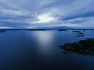 Panorama aerial of the island on the water.