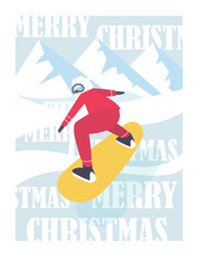 Merry Christmas card with snowboarding Santa. Sporting Santa Claus congratulation text. Flat style greeting illustration. - Vector