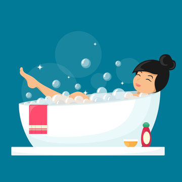 Woman taking a bath. Relaxing girl in bathroom. Vector illustration in cartoon flat style.
