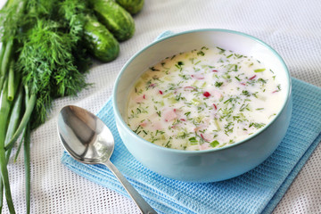 Okroshka - traditional Russian cold soup with fresh cucumber, boiled eggs and dill