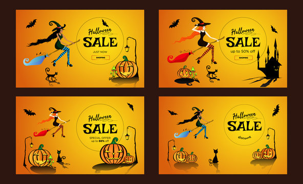 Set with 4 Halloween sale promotion poster, banner with a 30 and 50 persents discount. Beautiful witch flying on a broomstick, a black cat and a fun pumpkin. Vector illustration on orange gradient