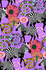 Fototapeta na wymiar Seamless pattern of zebra and flowers. Suitable for fabric, wrapping paper and the like. Vector illustration