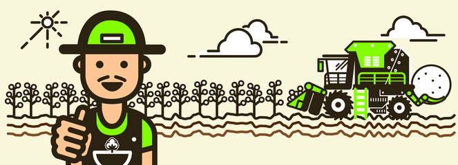 Happy farmer and harvesting illustration.A farmer shows good thumb in front of organic cotton farm with smiling and happy icon. 