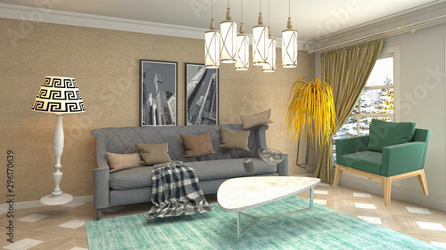 Zero Gravity Sofa Hovering In Living Room 3d Illustration