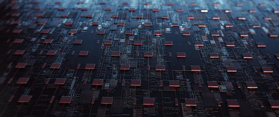Fototapeta premium Printed circuit board futuristic server/Circuit board futuristic server code processing. Orange, green, blue technology background with bokeh