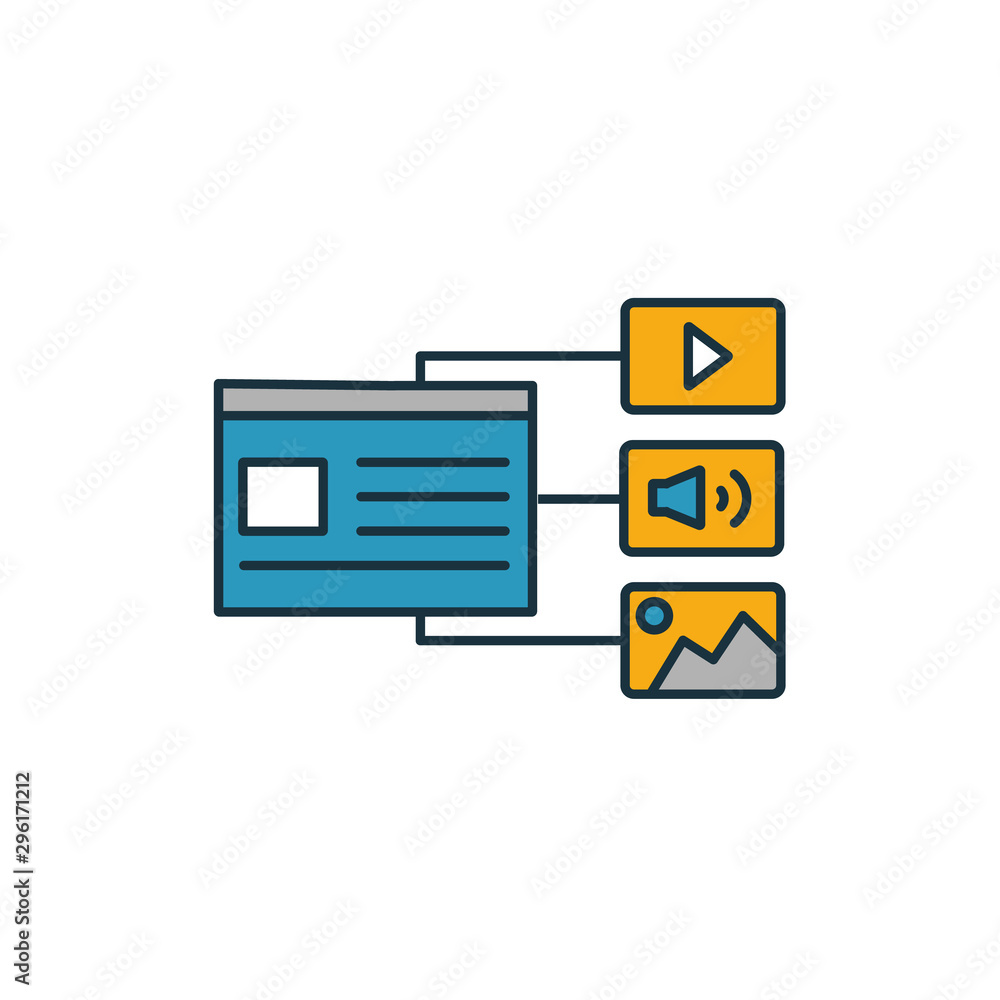 Poster digital content icon set. four elements in diferent styles from content icons collection. creative d