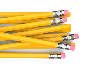Basic yellow pencils with erasers on the back end - top down view