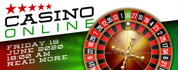 illustration Online web casino banner with american roulette on green surface table. Marketing Luxury green Banner Poker Jackpot zero with classic roulette. Advertising poster set Online web Casino