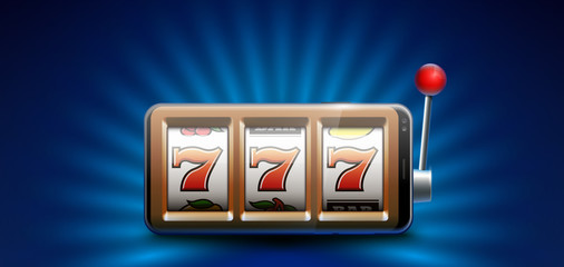 Illustration banner of mobile online casino application with 777 big win slot machine. Realistic advertising poster with online mobile app casino and Jackpot 777. Play now in One Armed Bandit banner