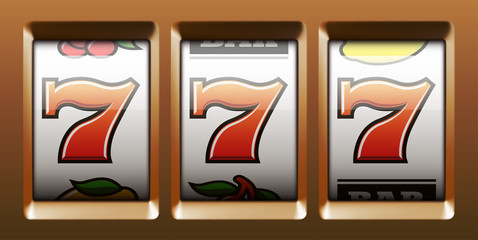 Illustration banner of mobile online casino application with 777 big win slot machine. Realistic advertising poster with online mobile app casino and Jackpot 777. Play now in One Armed Bandit banner - obrazy, fototapety, plakaty