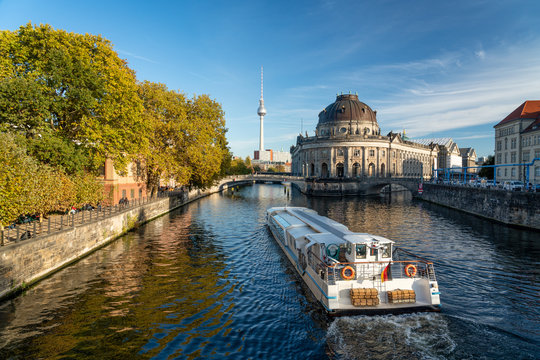Fernsehturm and Bode Museum along the Spree river in Berlin, Germany