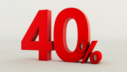 3D rendering of a red forty percent on a white background. Sale of special offers. Discount with the price is 40%.