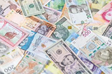 Fototapeta na wymiar Several world countries paper bank money notes.