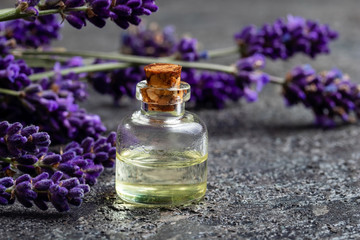 A bottle of essential oil with lavender flowers