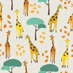 Tapeten Seamless pattern with cute giraffes and trees for kids. © Afanasia