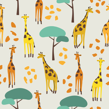 Seamless pattern with cute giraffes and trees for kids.