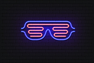 Vector illustration of neon shutter shades. Retro 80's style slot glasses. Neon glowing sunglasses