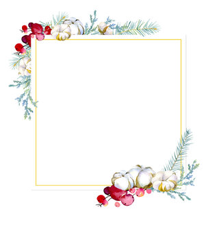 A square frame made up of fir and juniper branches, red berries, cotton bolls. A beautiful background for cards and invitations, gift tags or other design. Hand-drawn watercolor