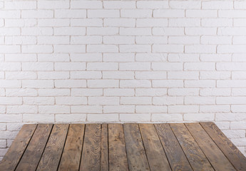 empty interior with wooden floor and decorative white brick wall