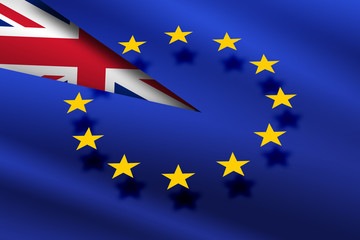 The European Union flag on the background of the flag of Great Britain symbolizing Brexit