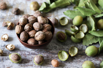 Walnuts. Harvest walnuts. Selective focus. Macro.
