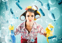 Funny housewife cleans and disinfects to keep germs away