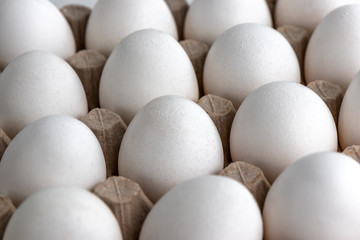 raw white chicken eggs in carton tray pattern, Close-up, selective focus