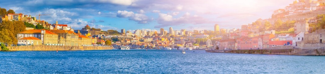 Fototapeta na wymiar Colorful Panorama of Porto Old City in Portugal.