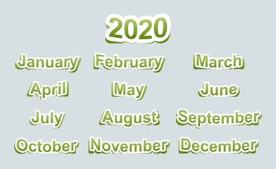 Paper stickers in green with the names of the months and the text 2020. For Christmas cards, calendars, backgrounds and other designs.