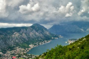 Kotor bay, Montenegro, view from the road winding in narrow bends over the bay	