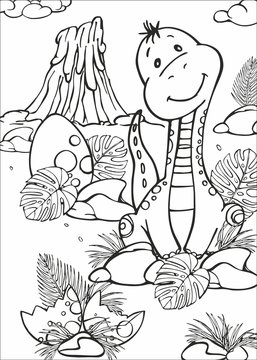 Coloring book with cute dinosaurs sitting, on the background, prehistoric nature and volcano. A cute prehistoric world for a children's book.