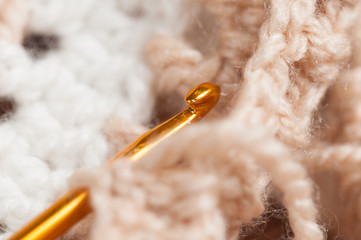 Woman hands knitting crochet.Crochet hook