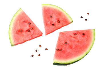 Sliced ripe watermelon isolated on white background. top view