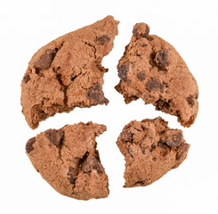 Broken chocolate cookies isolated on a white background.