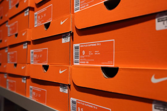 BELGIUM - OCTOBER 17: Background of Nike shoes boxes at Maasmechelen  Village outlet on October 17 Stock Photo | Adobe Stock