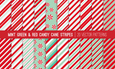 Super Pack of Red, Mint Green and White Candy Cane Stripes and Peppermints Seamless Vector Patterns. Christmas Background. Variable Thickness Diagonal Lines. Repeating Pattern Tile Swatches Included. - 296180005