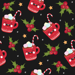 Materiał do szycia Christmas seamless pattern candy, mug, star on black background. Template for greeting, scrapbooking, invitations, congratulations. Kawaii style. Vector illustration. Eps 10