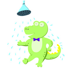 Flat illustration with character. Cute green crocodile is taking a shower and having fun on white background