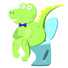 Flat illustration with character. Cute green crocodile is sitting on the toilet on white background