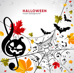 Bright musical autumn halloween background with pumpkin, bats and leaves. Musical Composition at Halloween Party